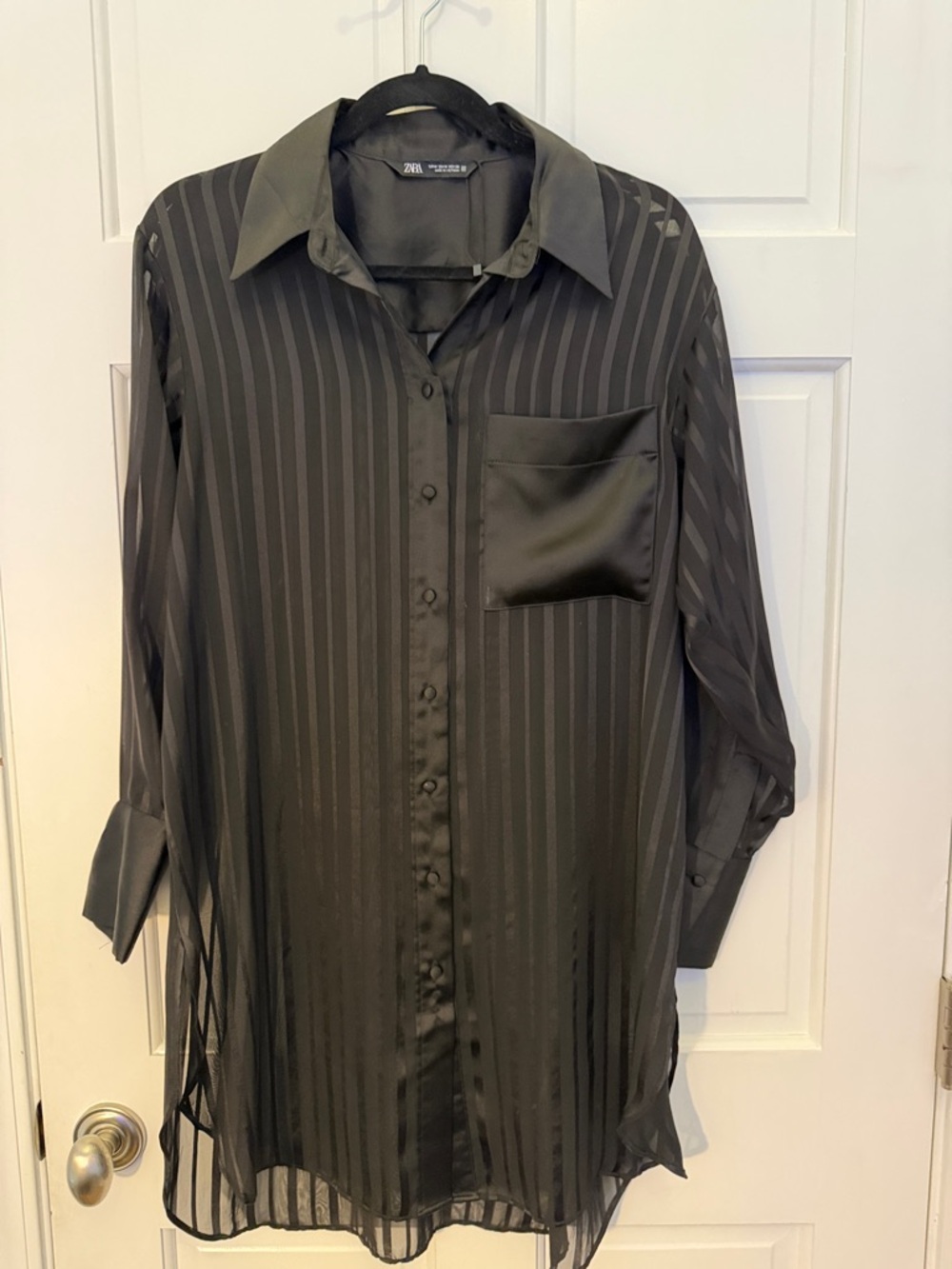 Zara Black Sheer Striped Button-Down Shirt